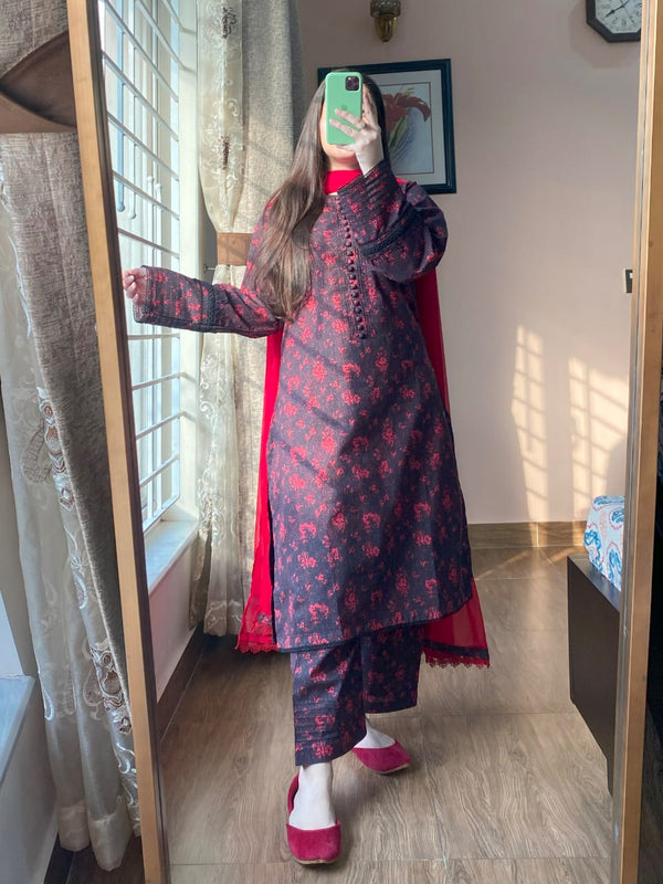 3 Piece - Cambric Printed Dress With Shalwar