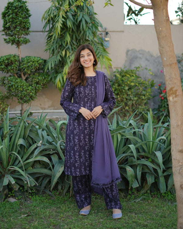 3 Piece - Cambric Printed Dress With Shalwar