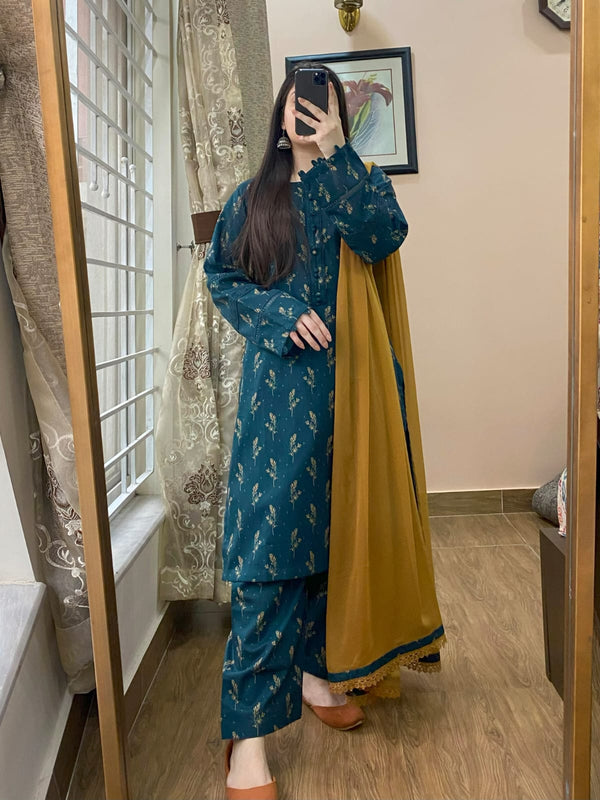 3 Piece - Cambric Printed Dress With Shalwar