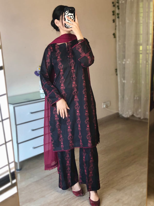 3 Piece - Lawn Printed Dress With Plazo
