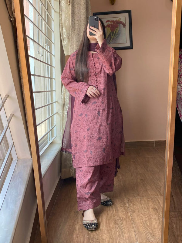 3 Piece - Lawn Printed Dress With Shalwar