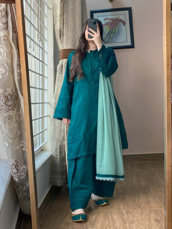 3 Piece - Lawn Dobby Dress with Farshi Shalwar
