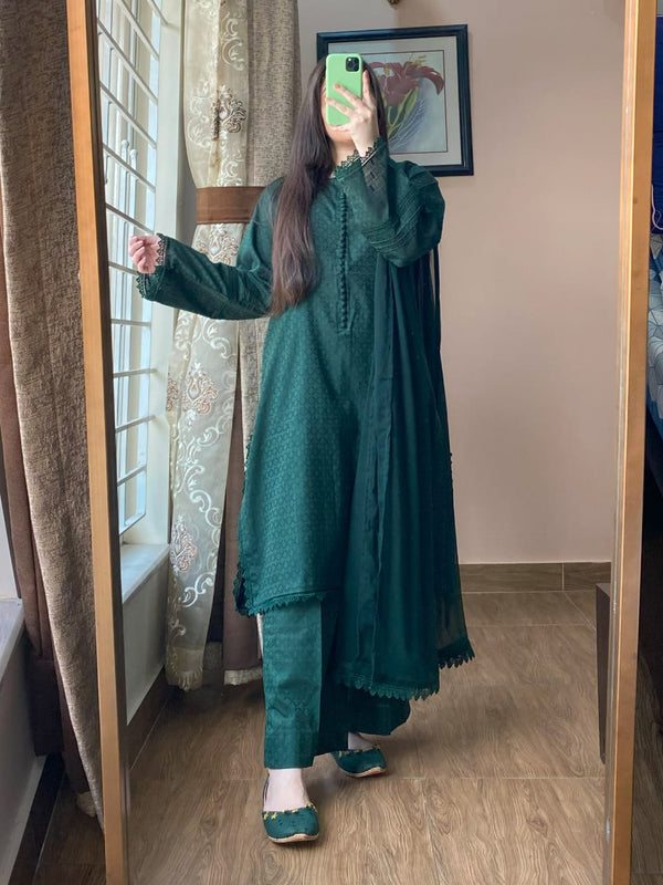 3 Piece - Lawn Dobby Dress with Plazo