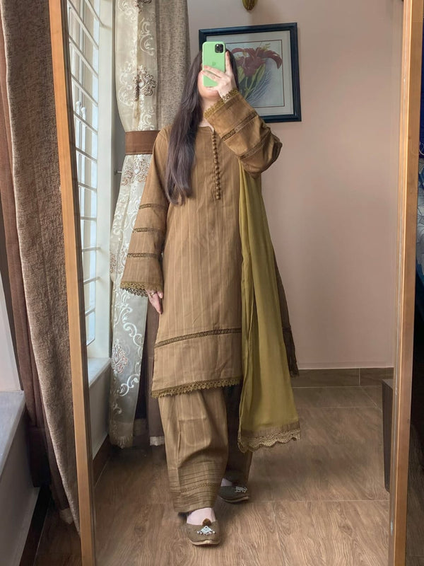 3 Piece - Lawn Dobby Dress with Farshi Shalwar