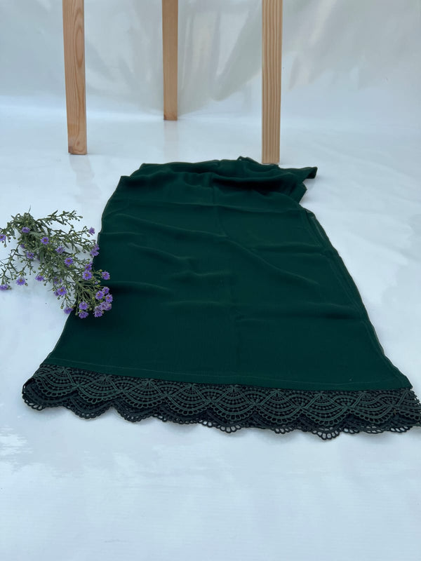 Dark Green Chiffon Dupattas With Lace