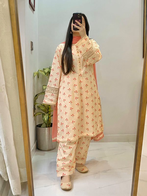 3 Piece - Lawn Printed Dress With Shalwar