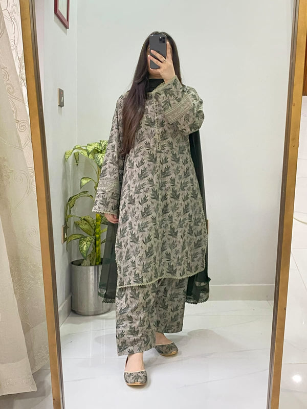 3 Piece - Lawn Printed Dress With Shalwar
