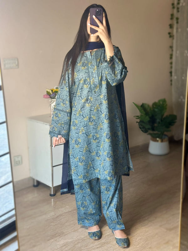 3 Piece - Lawn Printed Dress With Shalwar