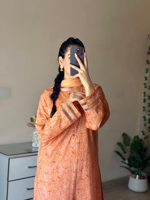 3 Piece - Lawn Printed Dress With Shalwar
