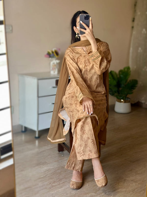 3 Piece - Lawn Printed Dress With Plazo