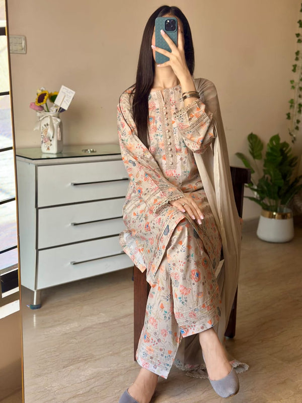 3 Piece - Lawn Printed Dress With Shalwar