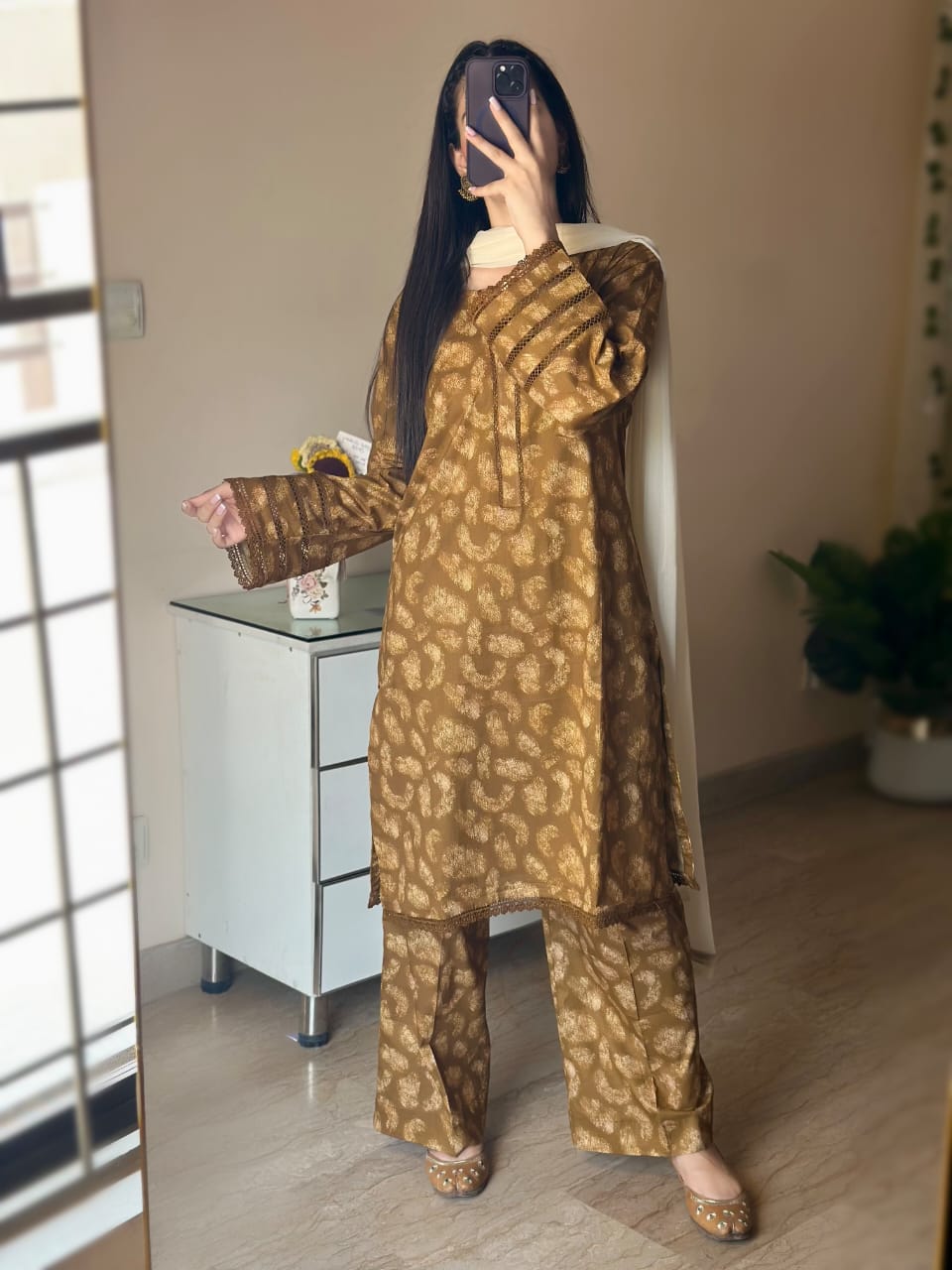 3 Piece - Lawn Printed Dress With Plazo