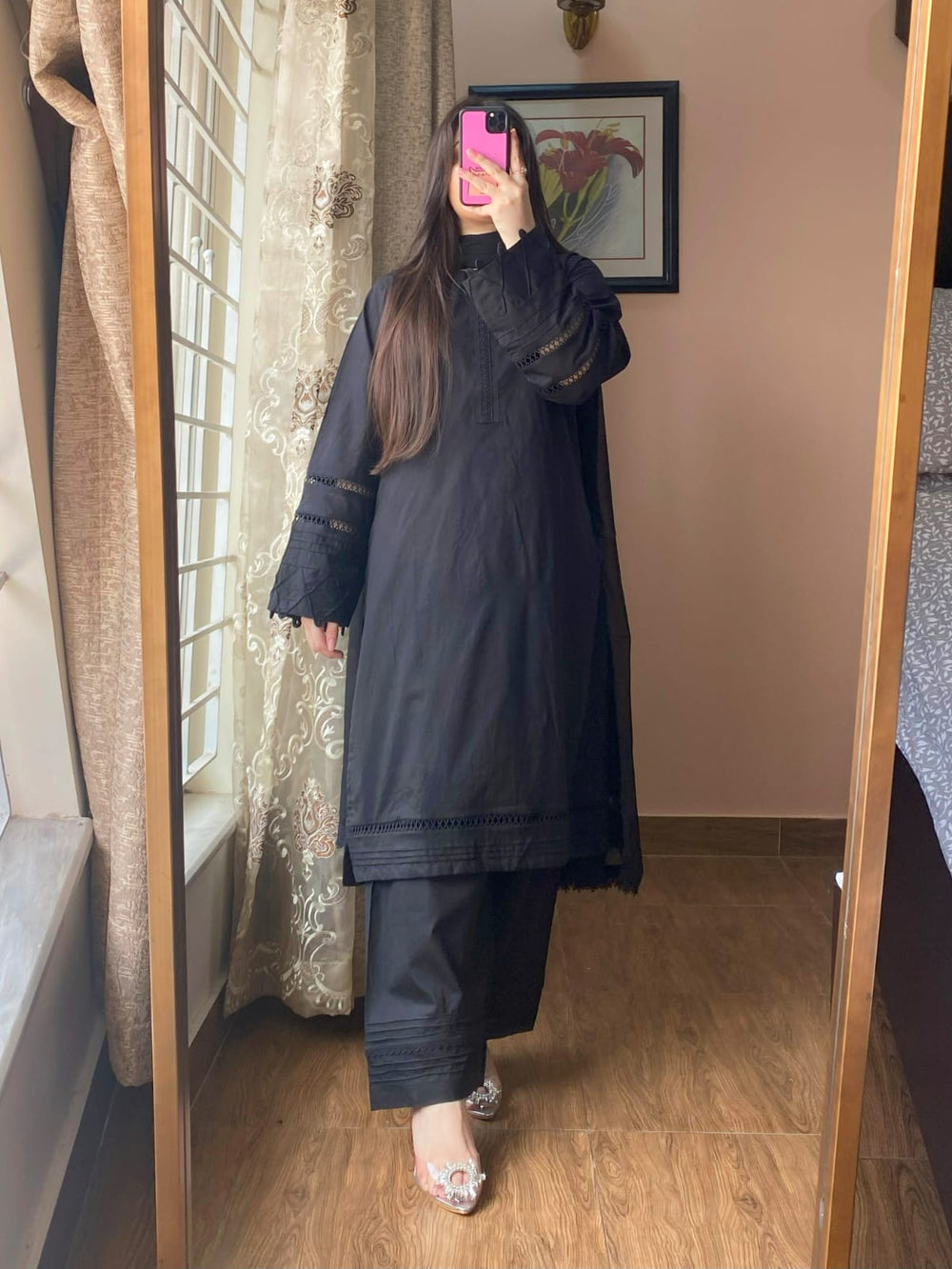 3 Piece - Black Cotton Dress with Shalwar