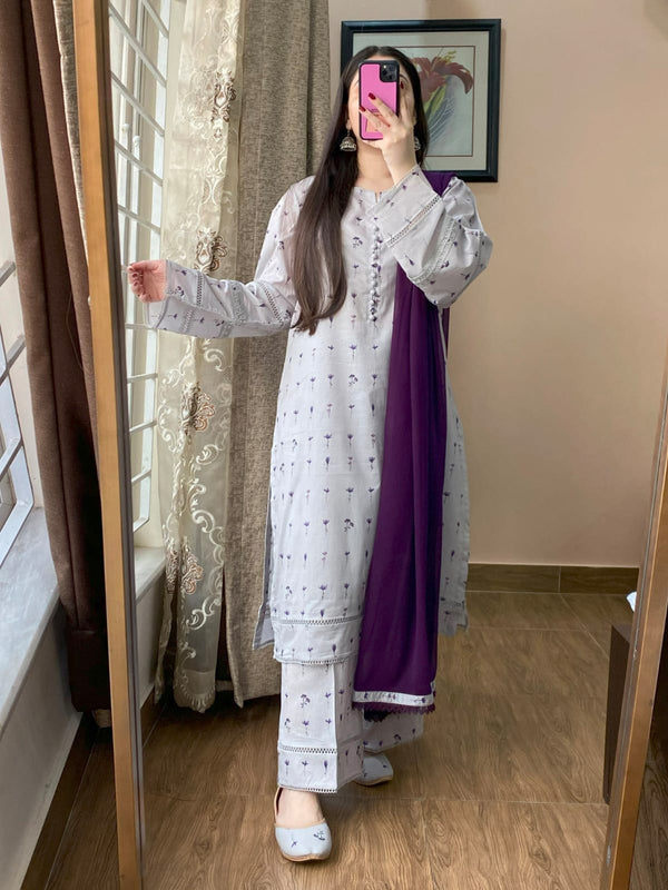 3 Piece - Lawn Printed Dress With Plazo
