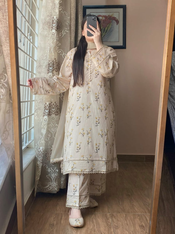 3 Piece - Lawn Printed Dress With Plazo