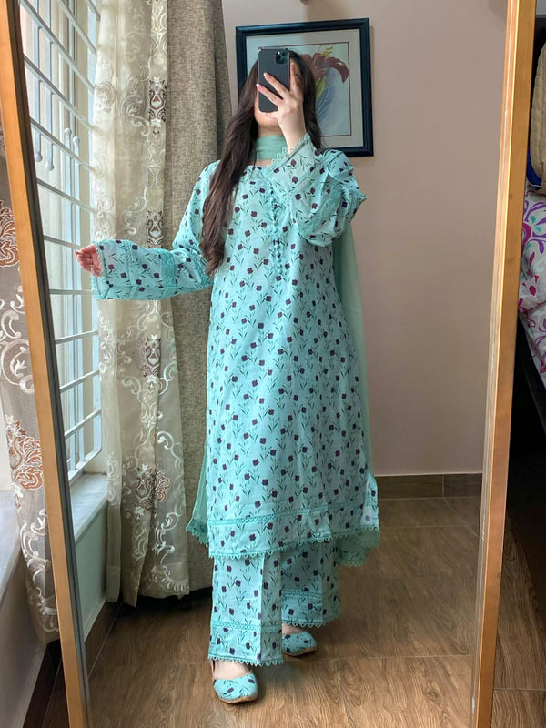 3 Piece - Lawn Printed Dress With Plazo