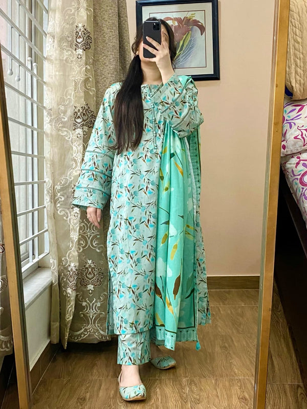 3 Piece Lawn Printed Suit – With Trouser & Lawn Dupatta