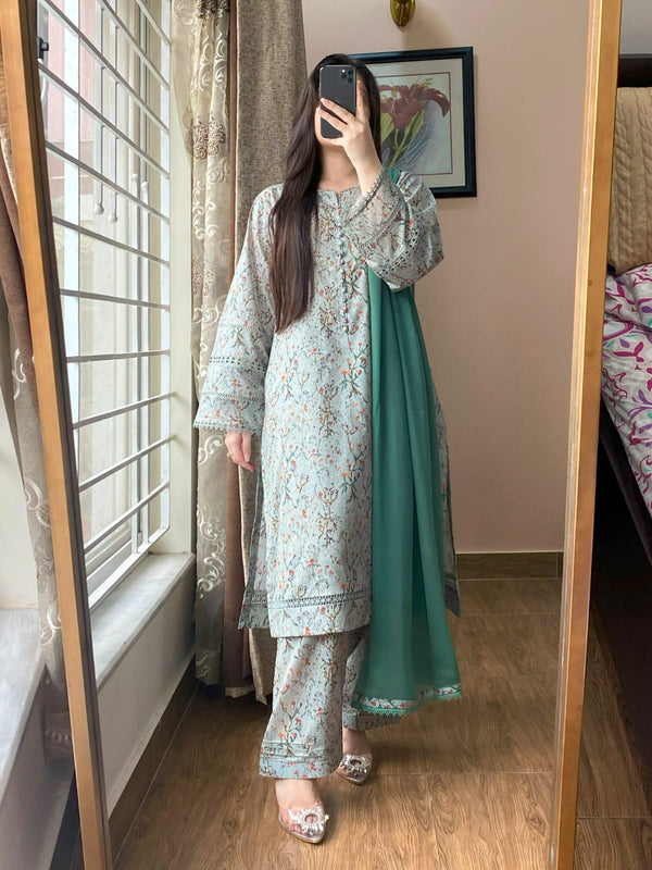 3 Piece - Lawn Printed Dress With Shalwar