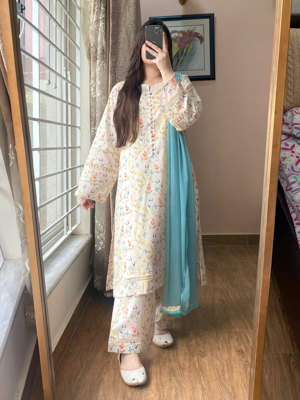 3 Piece - Lawn Printed Dress With Shalwar