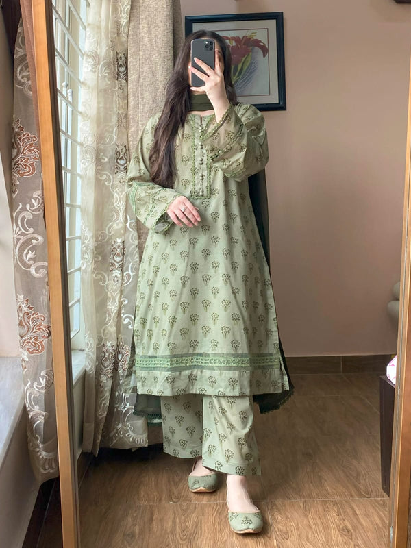 3 Piece - Lawn Printed Dress With Shalwar
