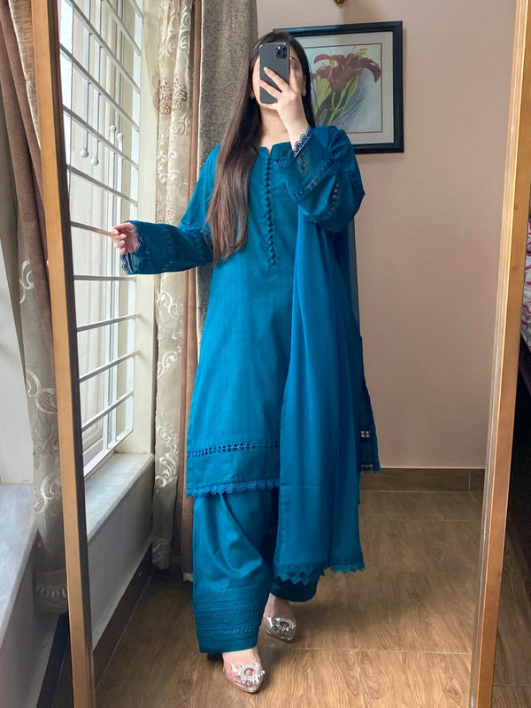 3 Piece - Lawn Dobby Dress with Farshi Shalwar