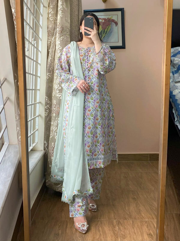 3 Piece - Lawn Printed Dress With Shalwar