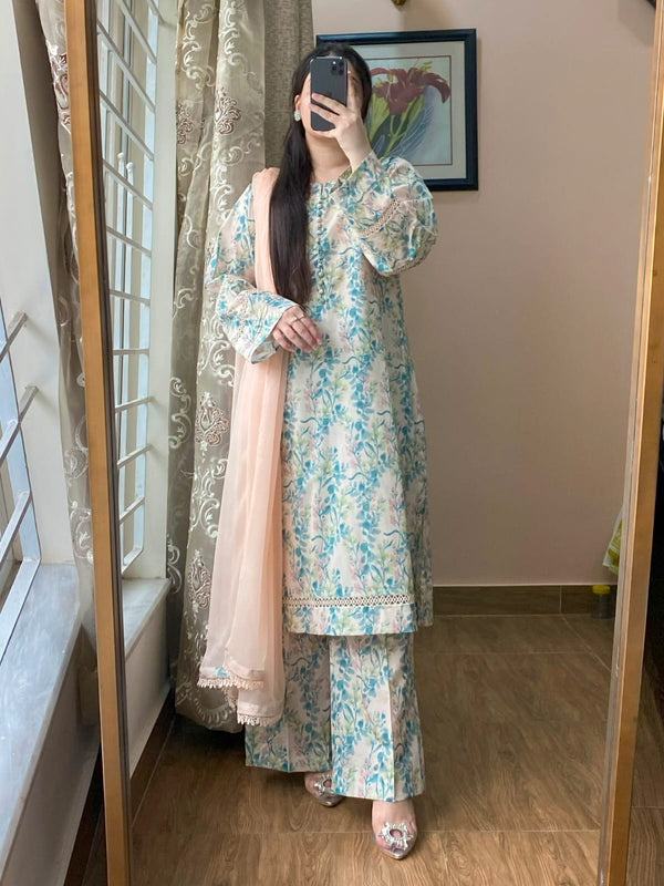 3 Piece - Lawn Printed Dress With Plazo