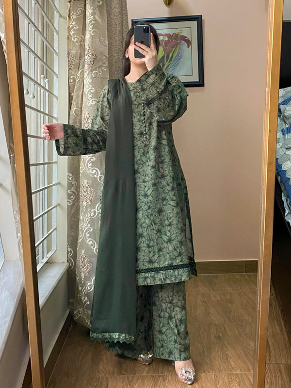 3 Piece - Lawn Printed Dress With Plazo