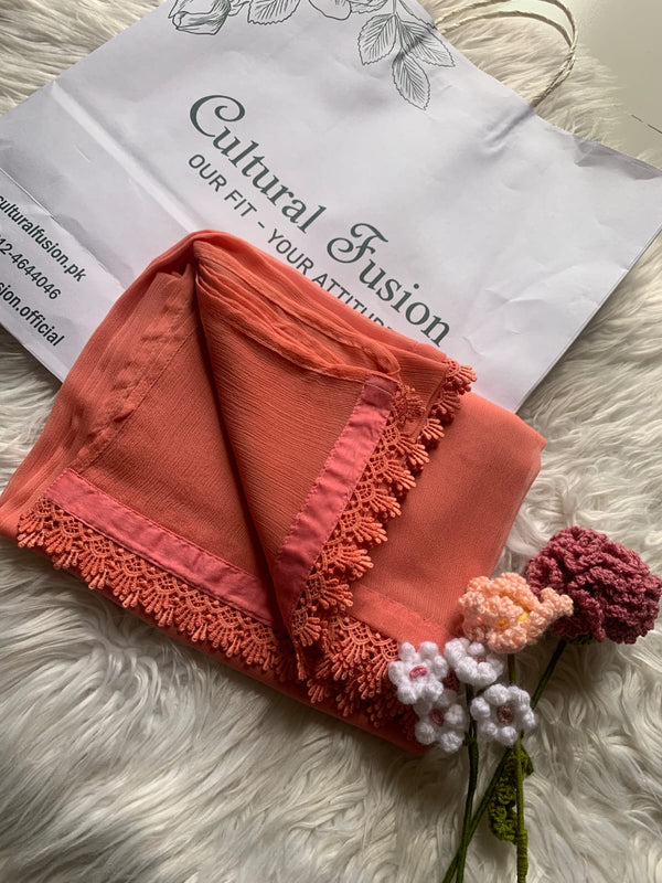 Salmon Pink Chiffon Dupattas With Lace