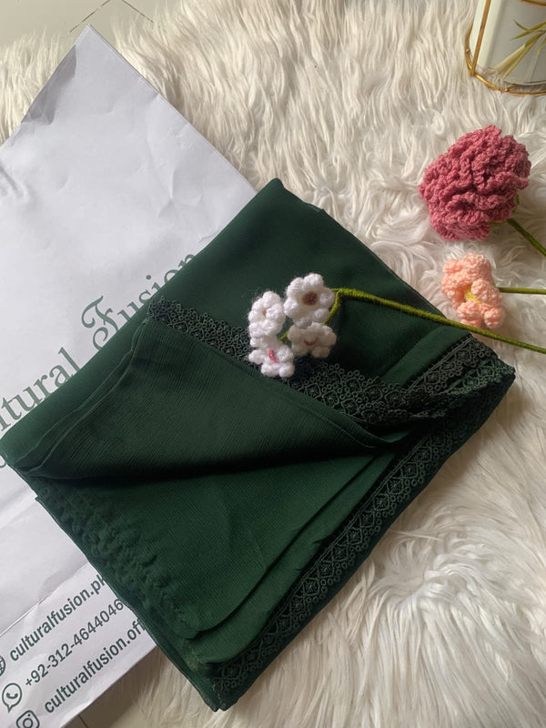 Dark Green Chiffon Dupattas With Lace