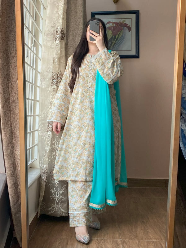 3 Piece - Lawn Printed Dress With Shalwar