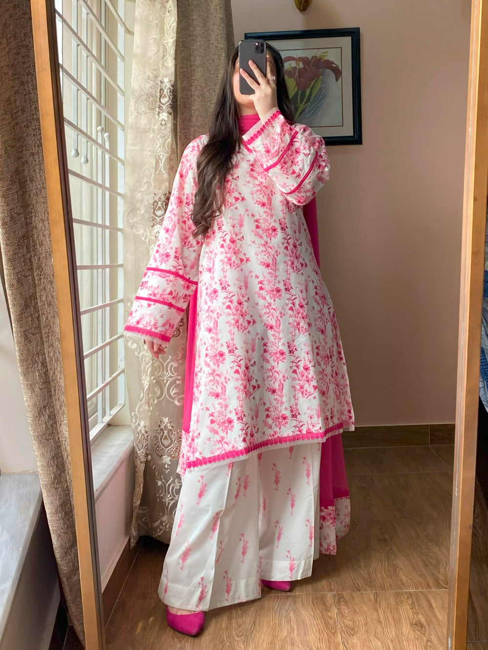 3 Piece - Lawn Printed Dress With Plazo