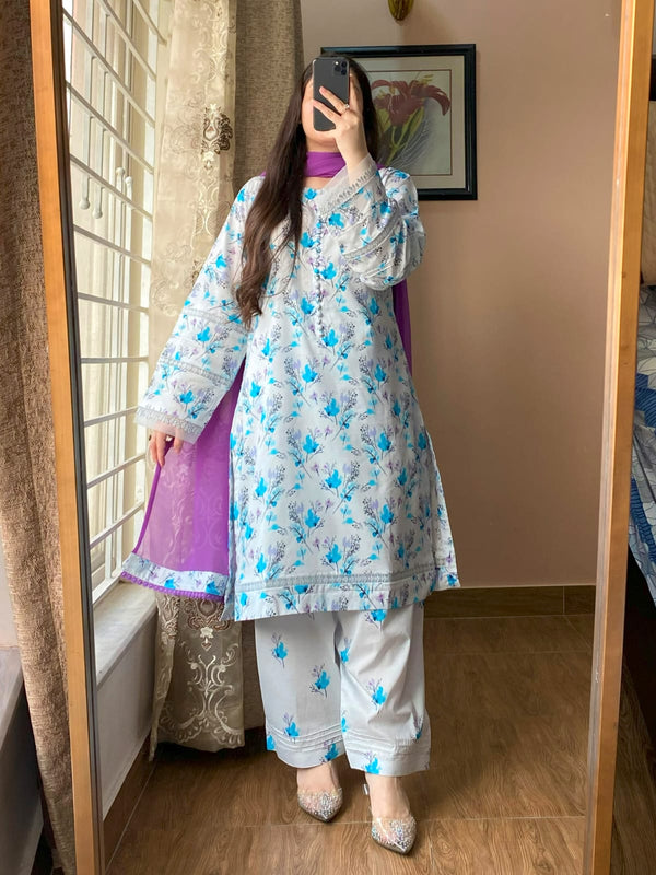 3 Piece - Lawn Printed Dress With Shalwar