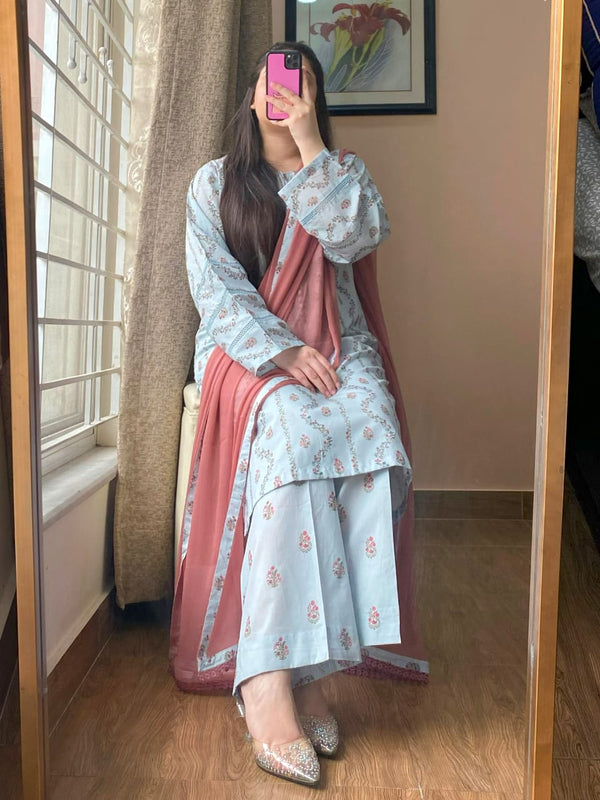 3 Piece - Lawn Printed Dress With Plazo