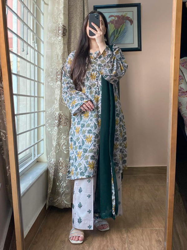 3 Piece - Lawn Printed Dress With Plazo