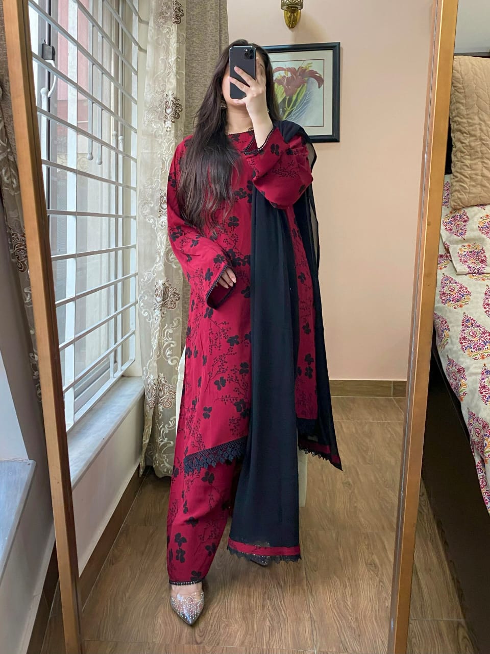 3 Piece - Georgette Dress with Farshi Shalwar