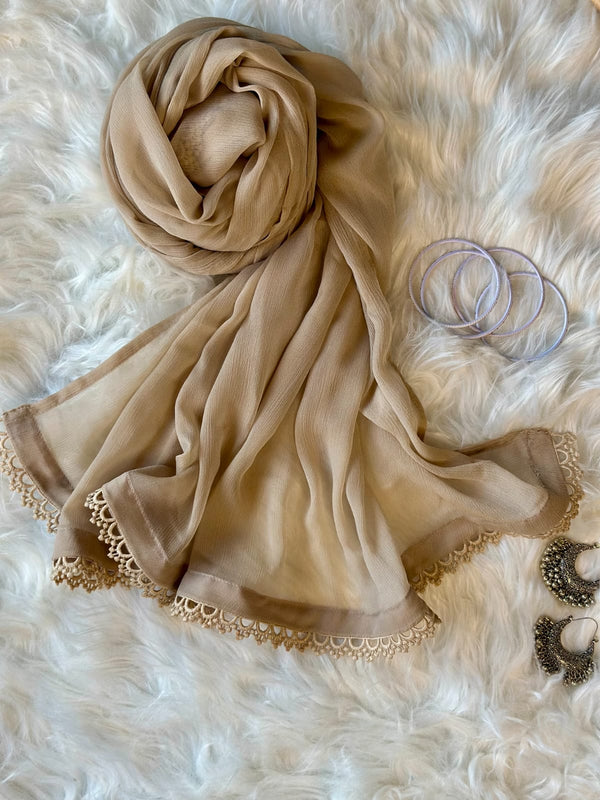 Light Brown Chiffon Dupattas With Lace