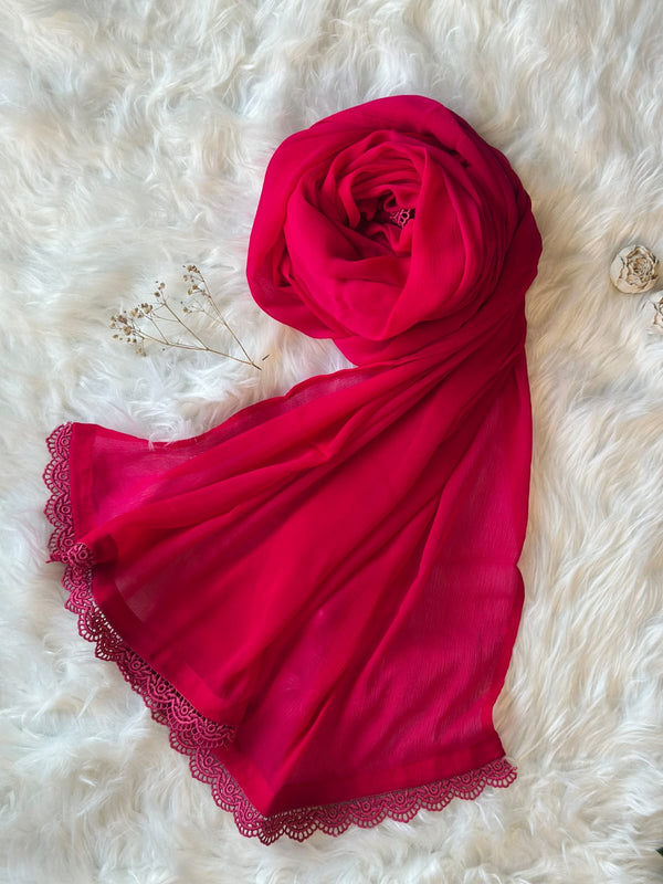 Deep Pink Chiffon Dupattas With Lace