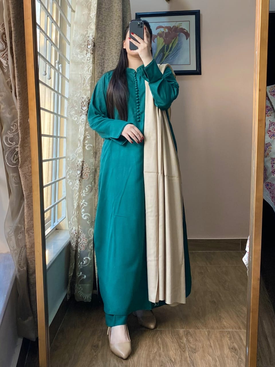 3 PIECE – Silk Karandi Dress with Shawl