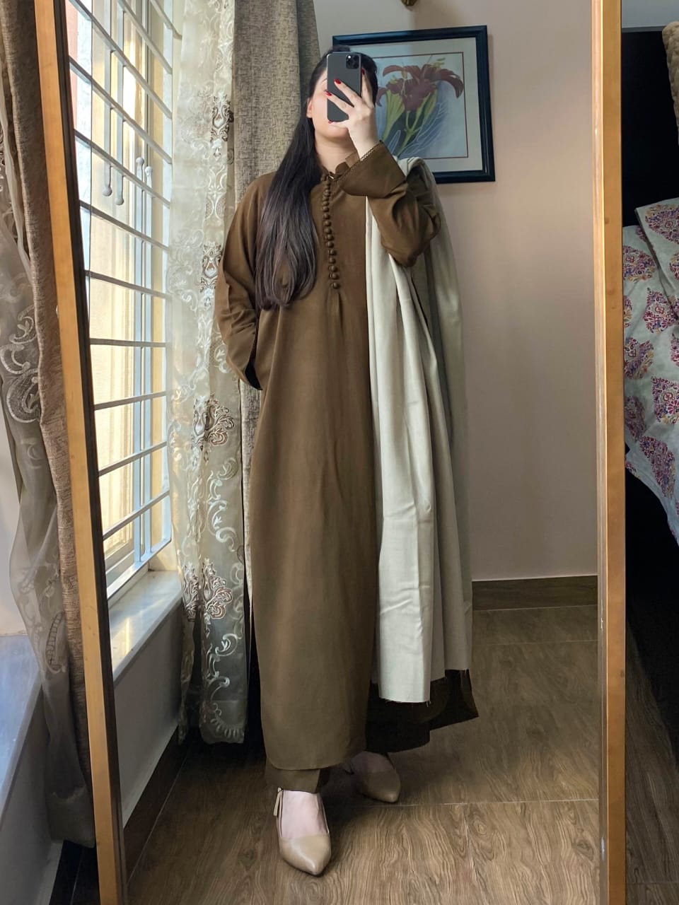 3 PIECE – Silk Karandi Dress with Shawl