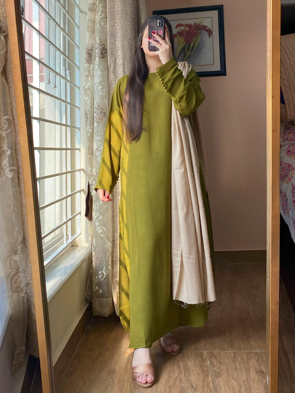 3 PIECE – Silk Karandi Dress with Shawl