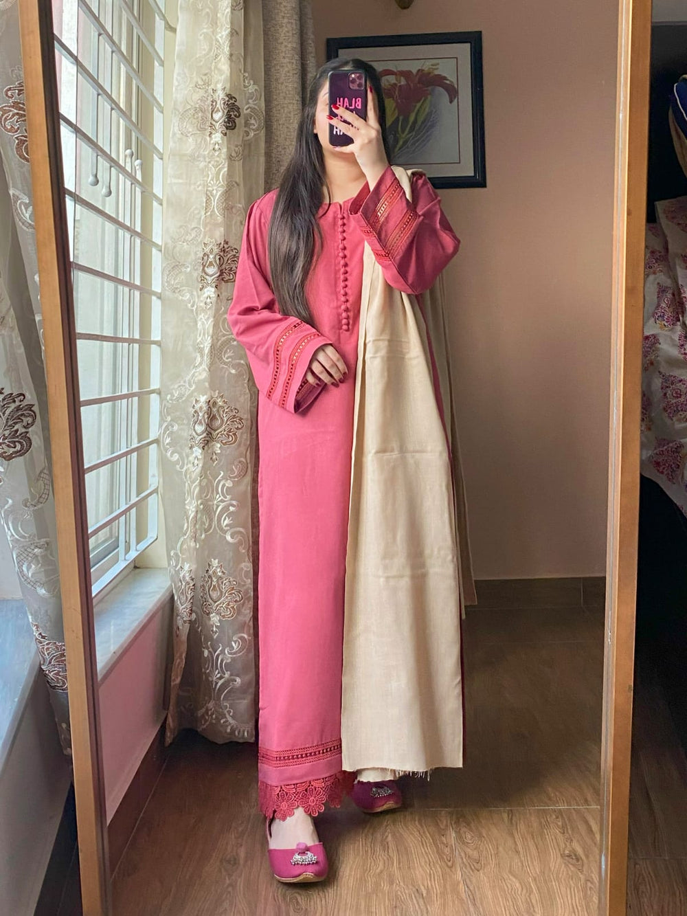3 PIECE – Silk Karandi Dress with Shawl