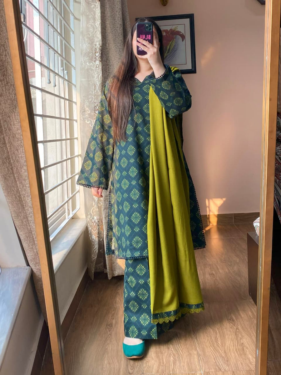 white christmas dresses PRINTED KHADAR 3PC READYMADE – RainbowSleek main image 1