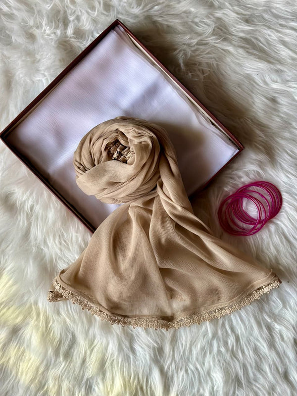 Beige Chiffon Dupattas With Lace