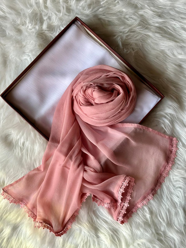 Light Pink Chiffon Dupattas With Lace
