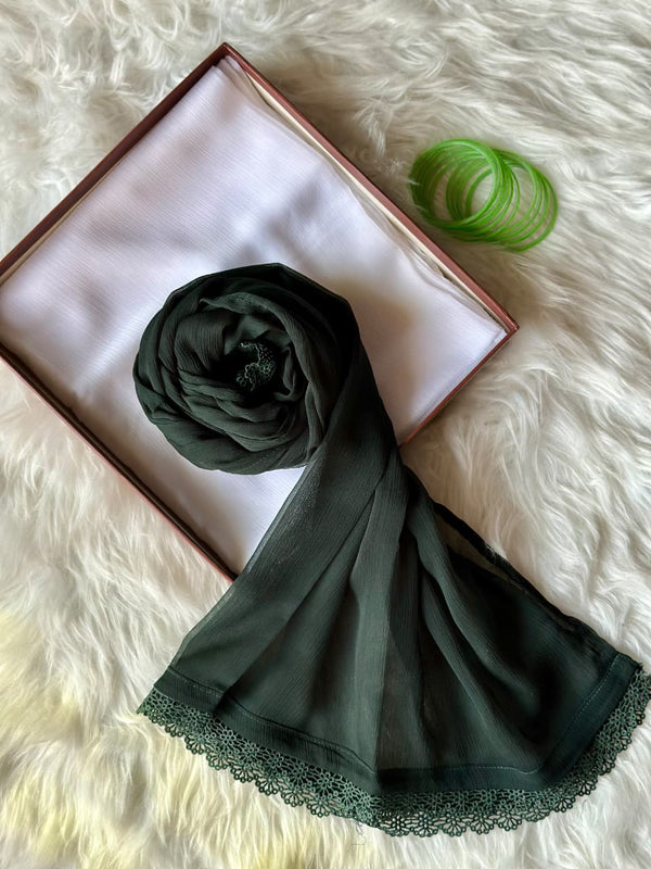 Dark Green Chiffon Dupattas With Lace