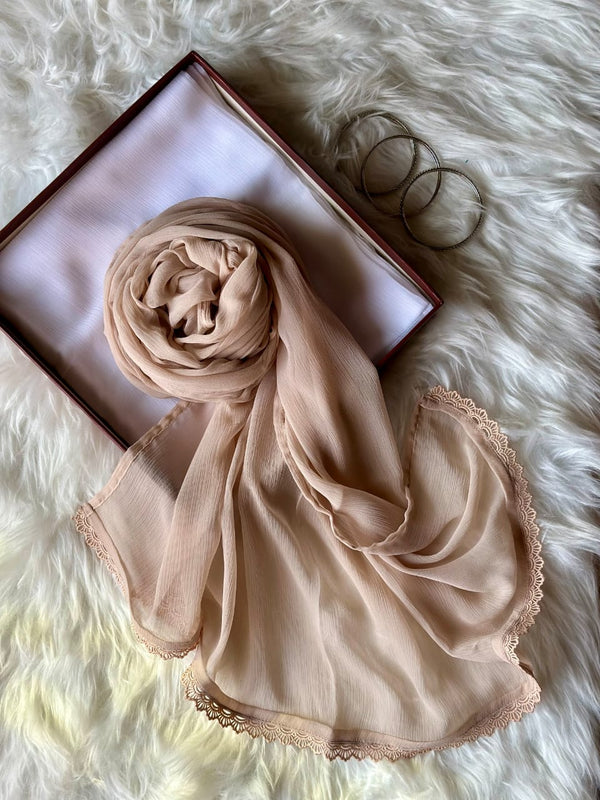 Beige Chiffon Dupattas With Lace