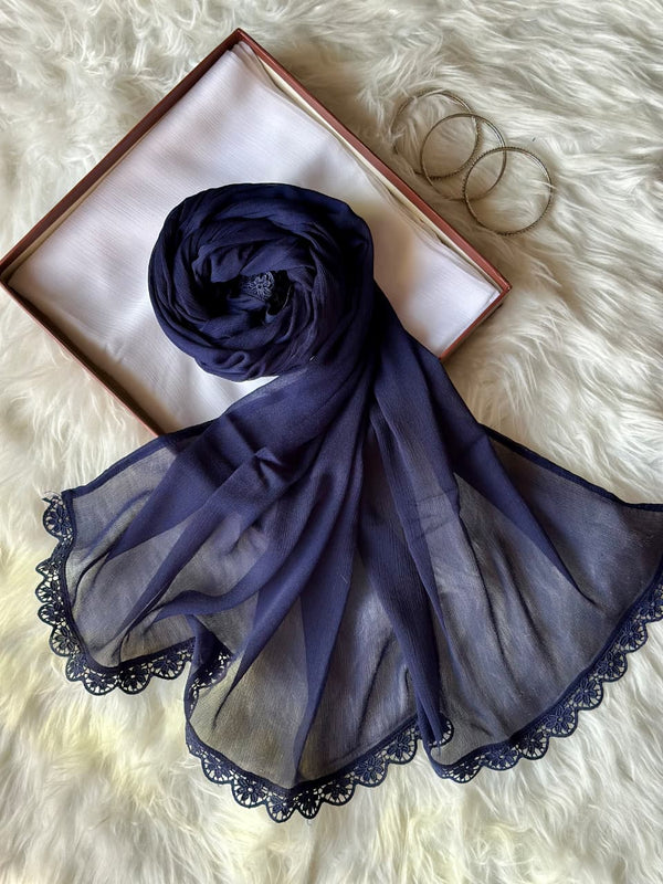 Navy Blue Chiffon Dupattas With Lace