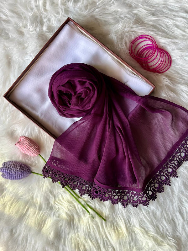 Dark Purple Chiffon Dupattas With Lace