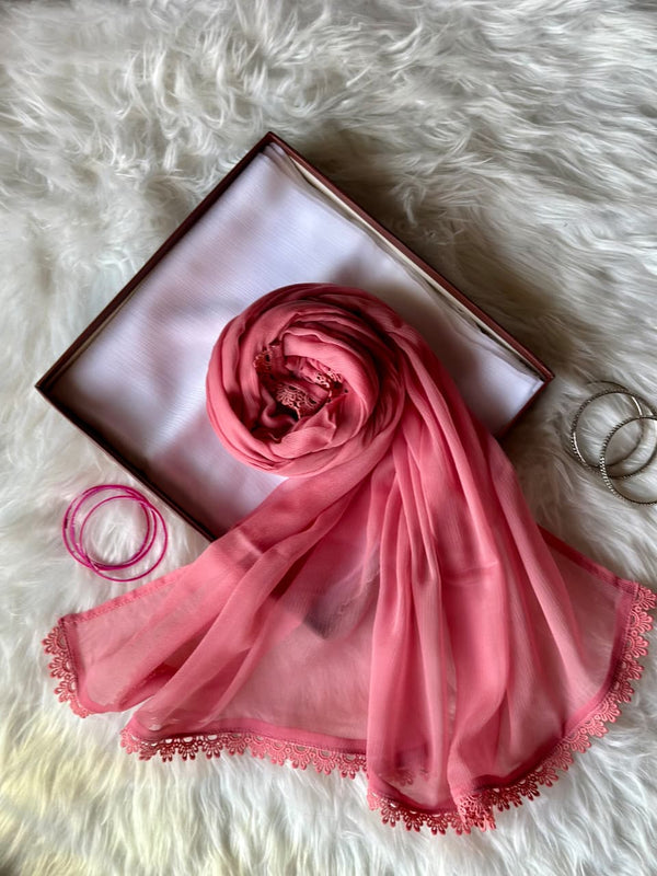 Pink Chiffon Dupattas With Lace